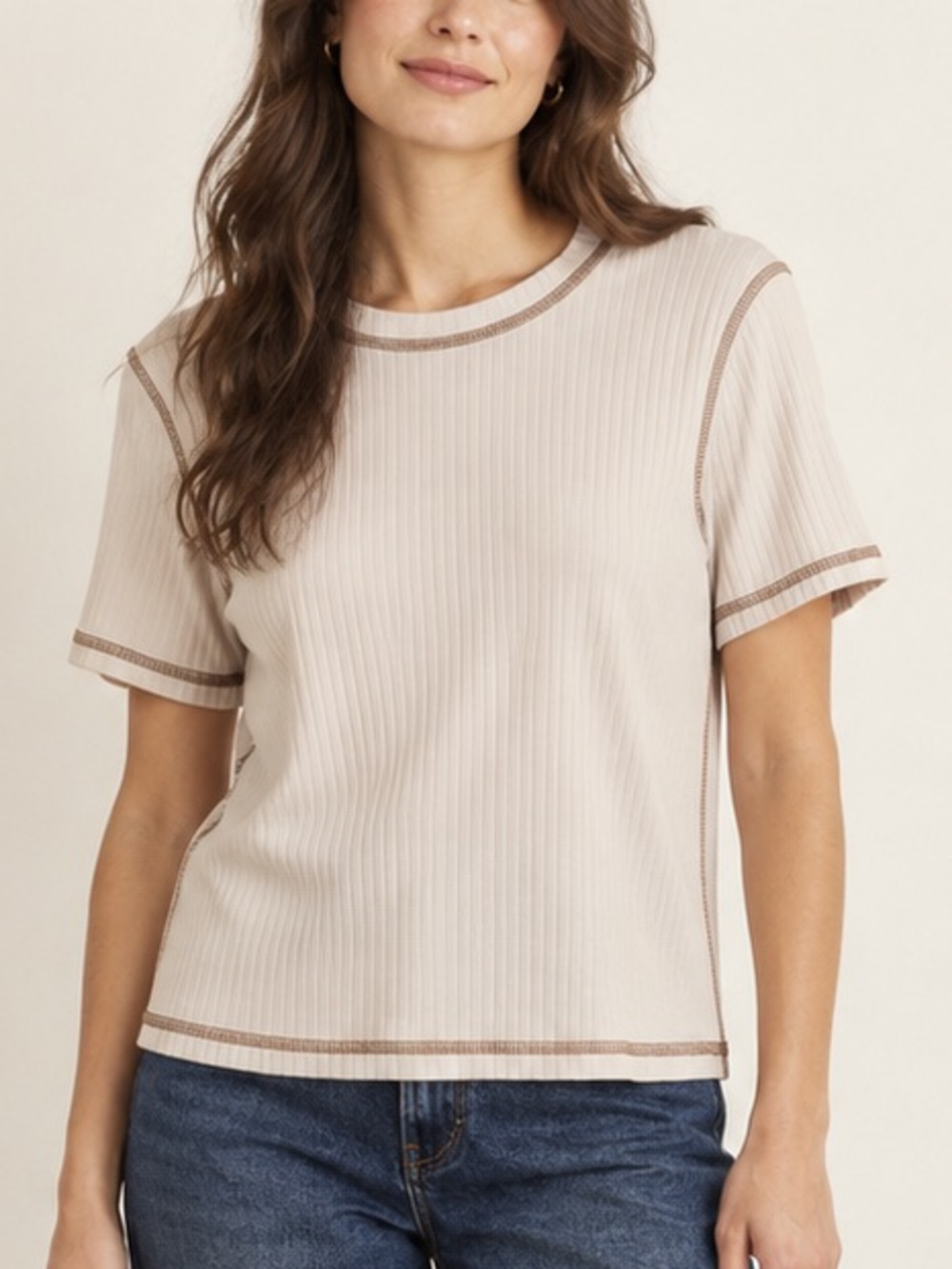 FRAME Contrast Rib Stitch T-Shirt in Bone with Brown Stitching (Size L)